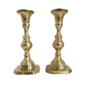 Vintage Solid‎ Brass Candlestick Holders Set of 2 Hexagonal Base 6.25 Inch Taper